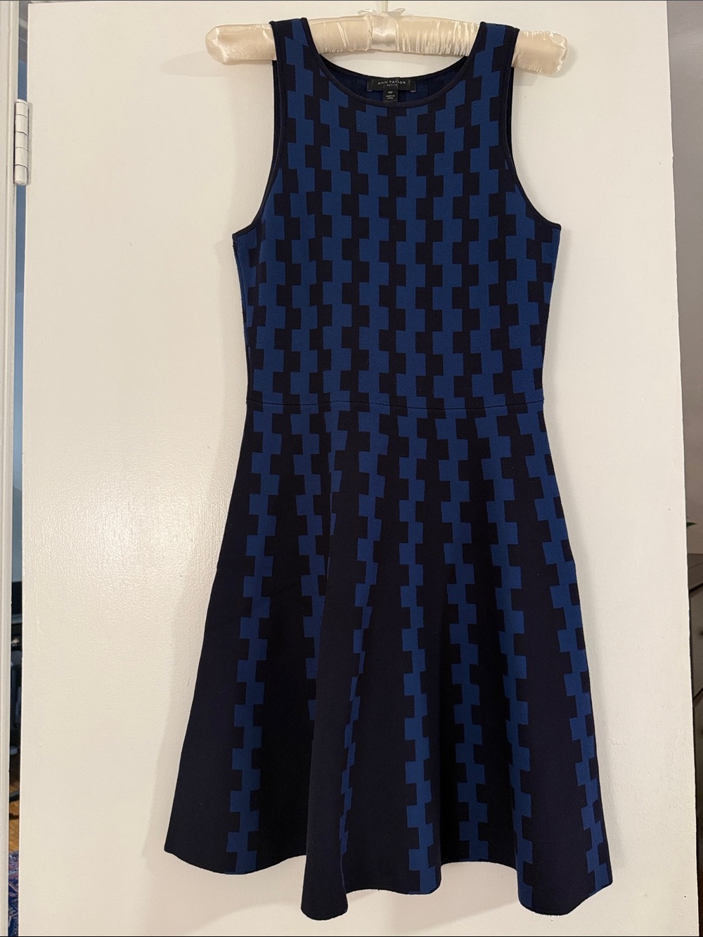 Ann Taylor Navy & Blue Houndstooth Fit-and-Flare Mini Dress